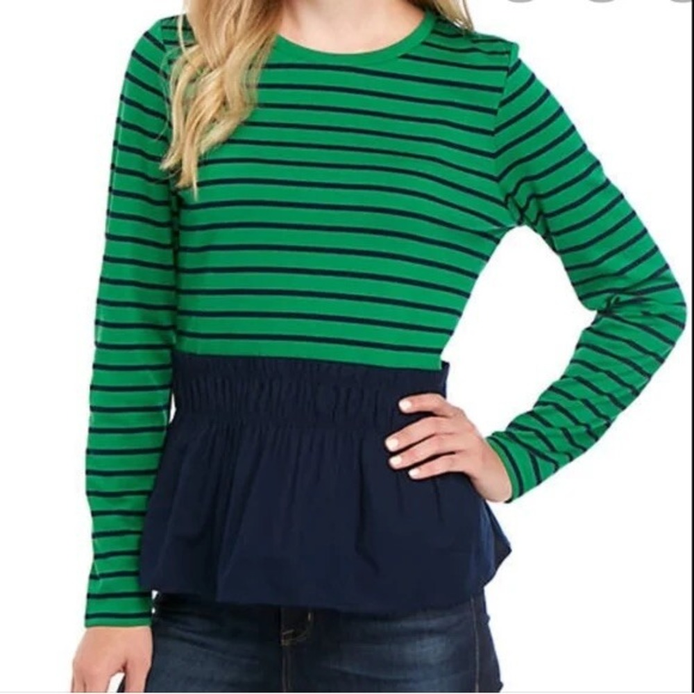 Crown Ivy NWT Green Navy Stripe‎ Peplum Long Sleeve Shirt Top Women's Size L